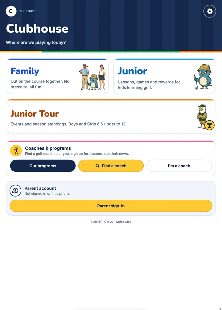 The Clubhouse home: Family, Junior, Junior Tour, and Coaches & programs.