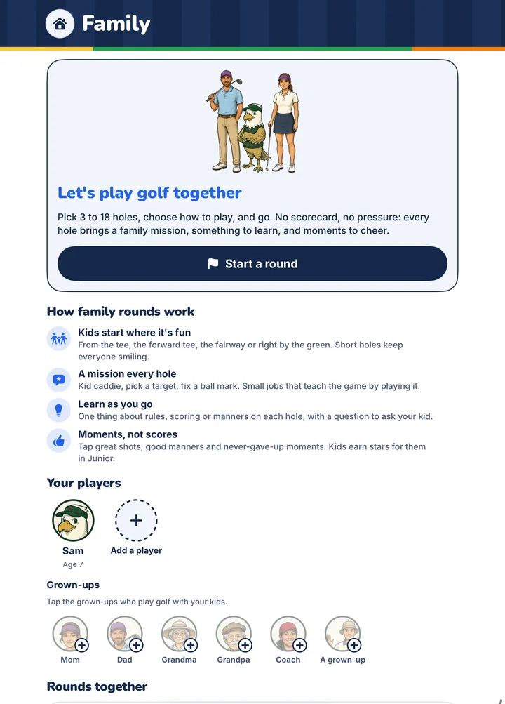 Family: Let's play golf together, how family rounds work, your players and the grown-ups.