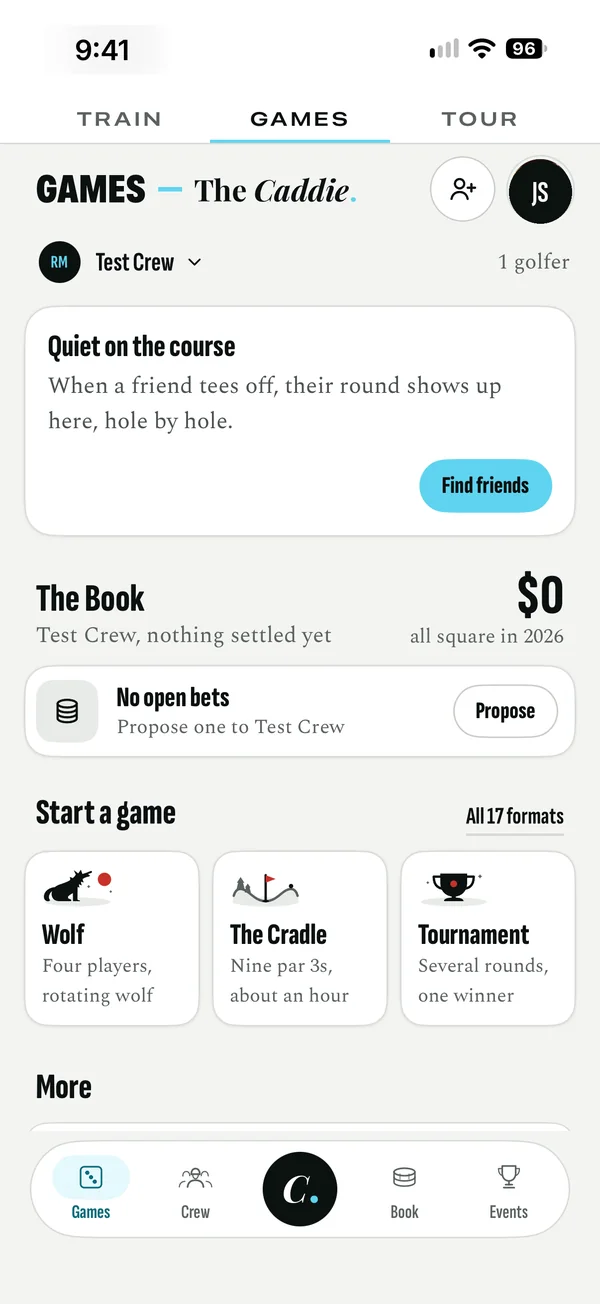 Games: your crew, the Book of bets and a choice of games to start.