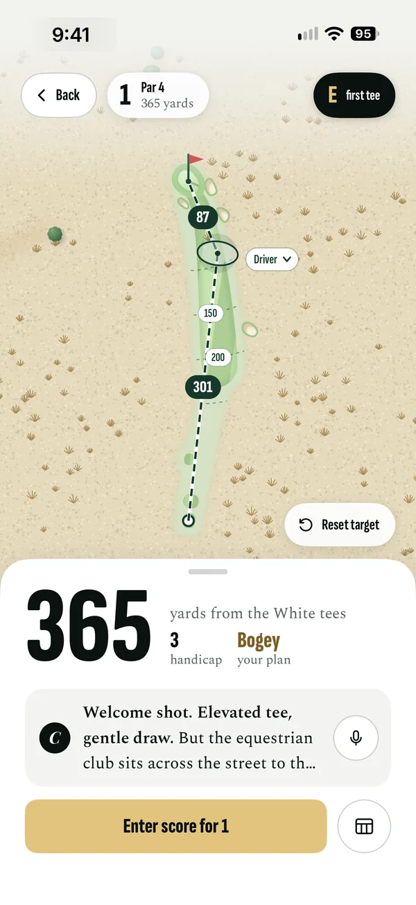 Hole 1 at Pinehurst No. 1: 365 yards, a driver to 301, 87 in, and the caddie's note on the tee shot.