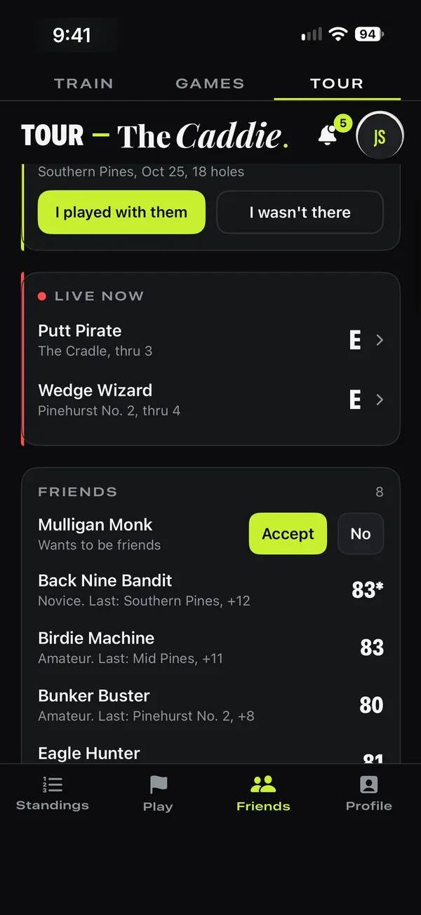 Friends on Tour: rounds to confirm, friends live now and their last rounds.