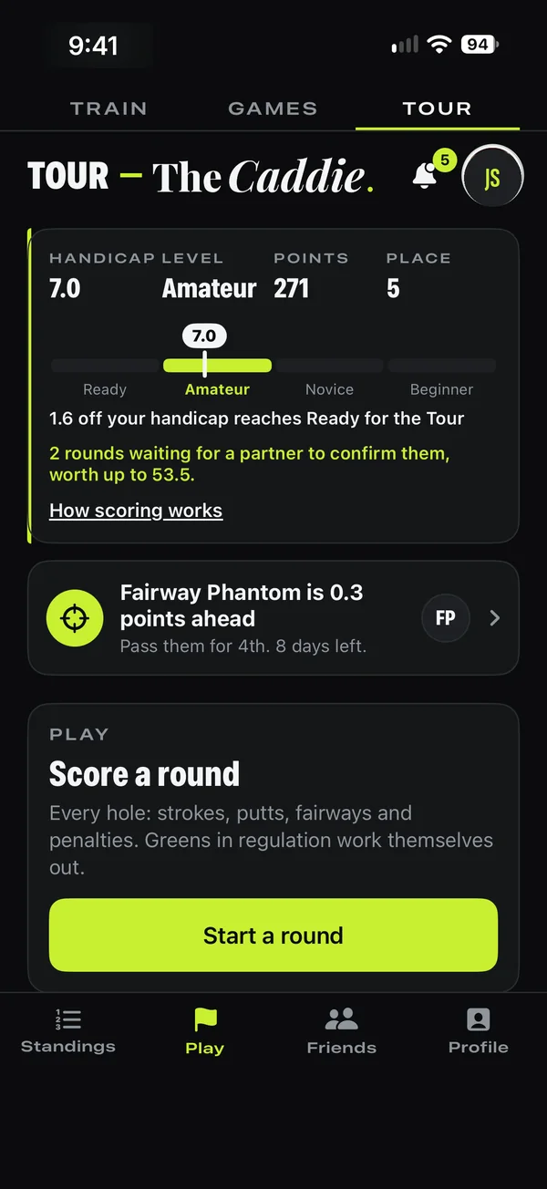 Tour's Play tab: your handicap level, points and place, the player just ahead, and Score a round.
